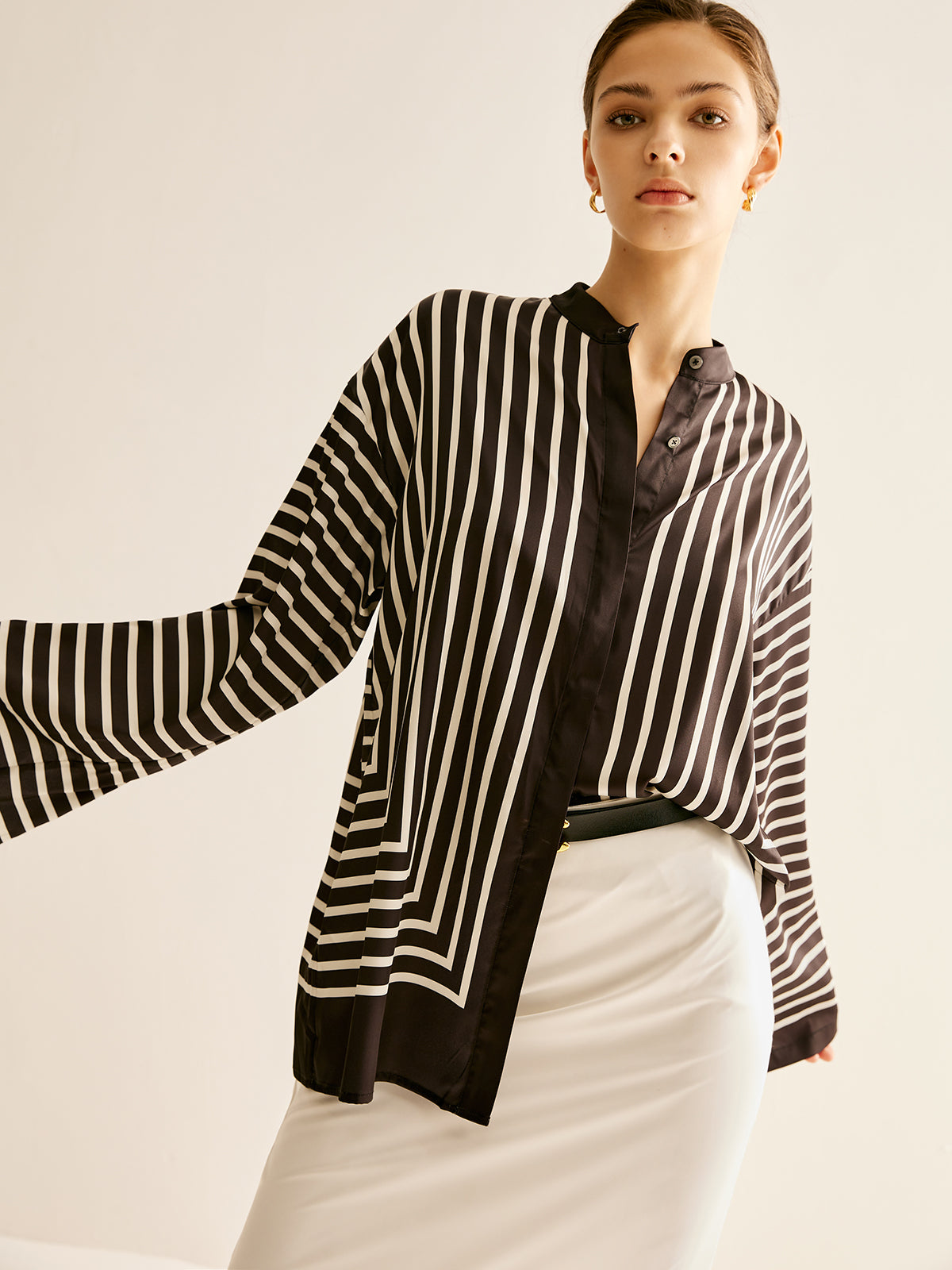 Satin Striped Button-Up Blouse
