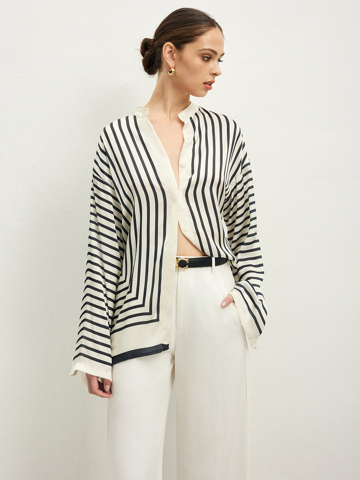 Satin Striped Button-Up Blouse