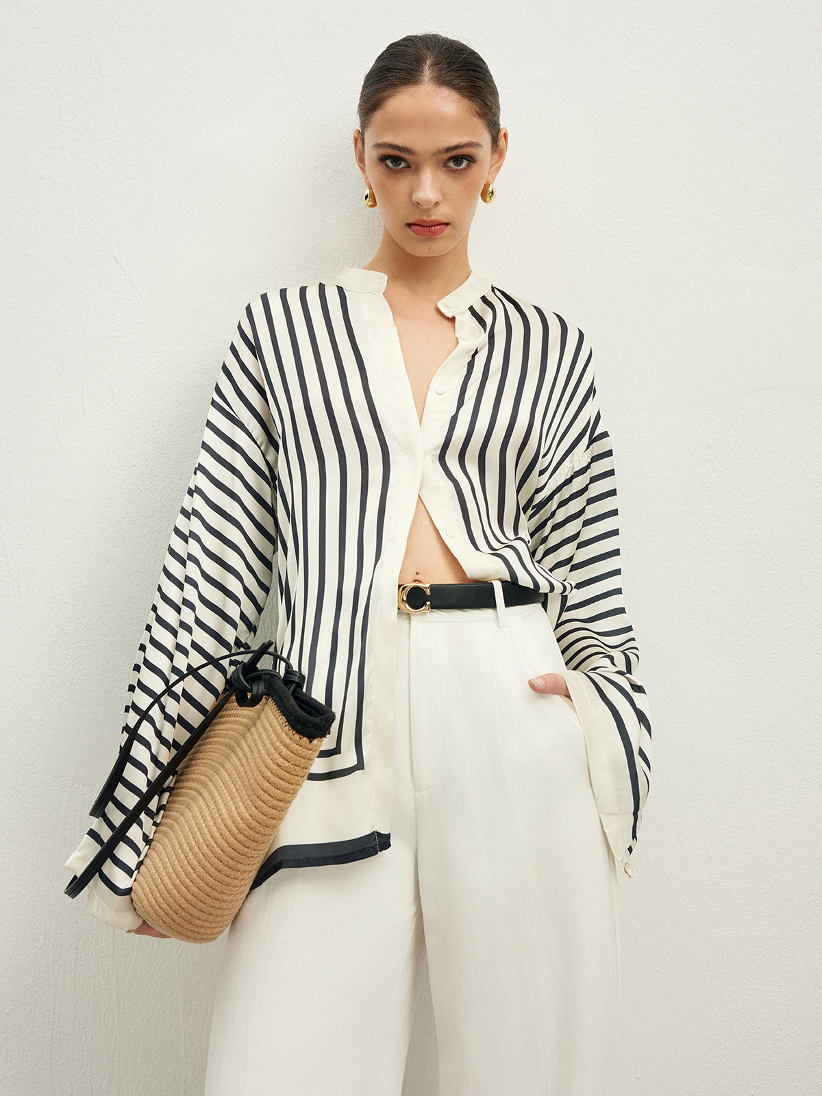 Satin Striped Button-Up Blouse