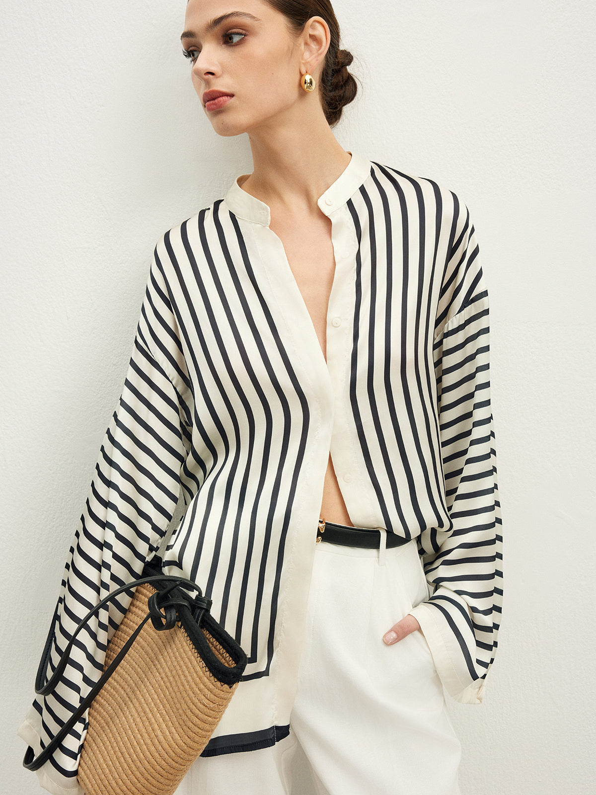 Satin Striped Button-Up Blouse
