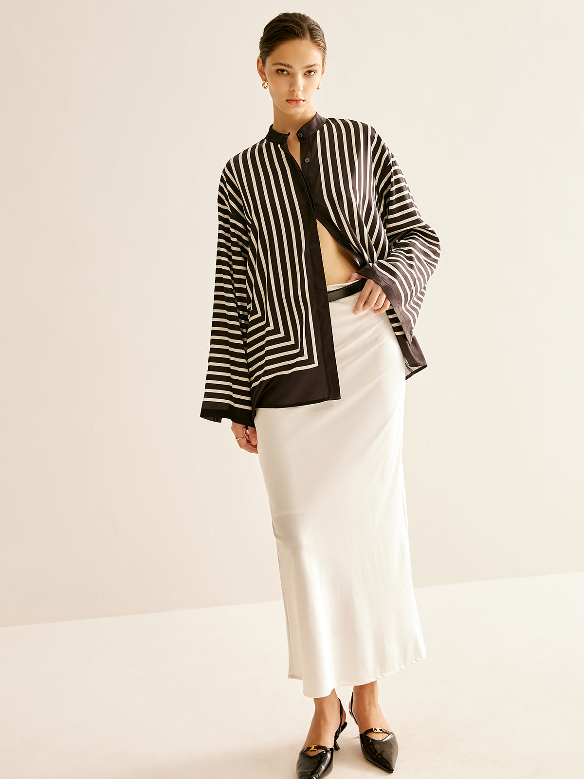 Satin Striped Button-Up Blouse