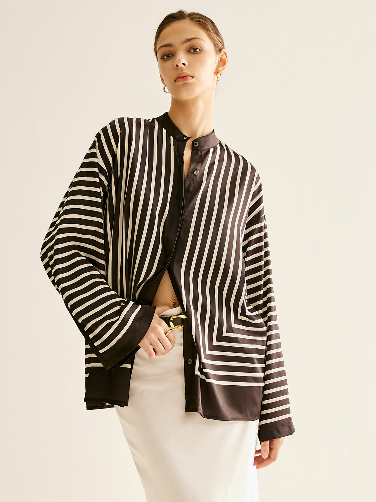 Satin Striped Button-Up Blouse
