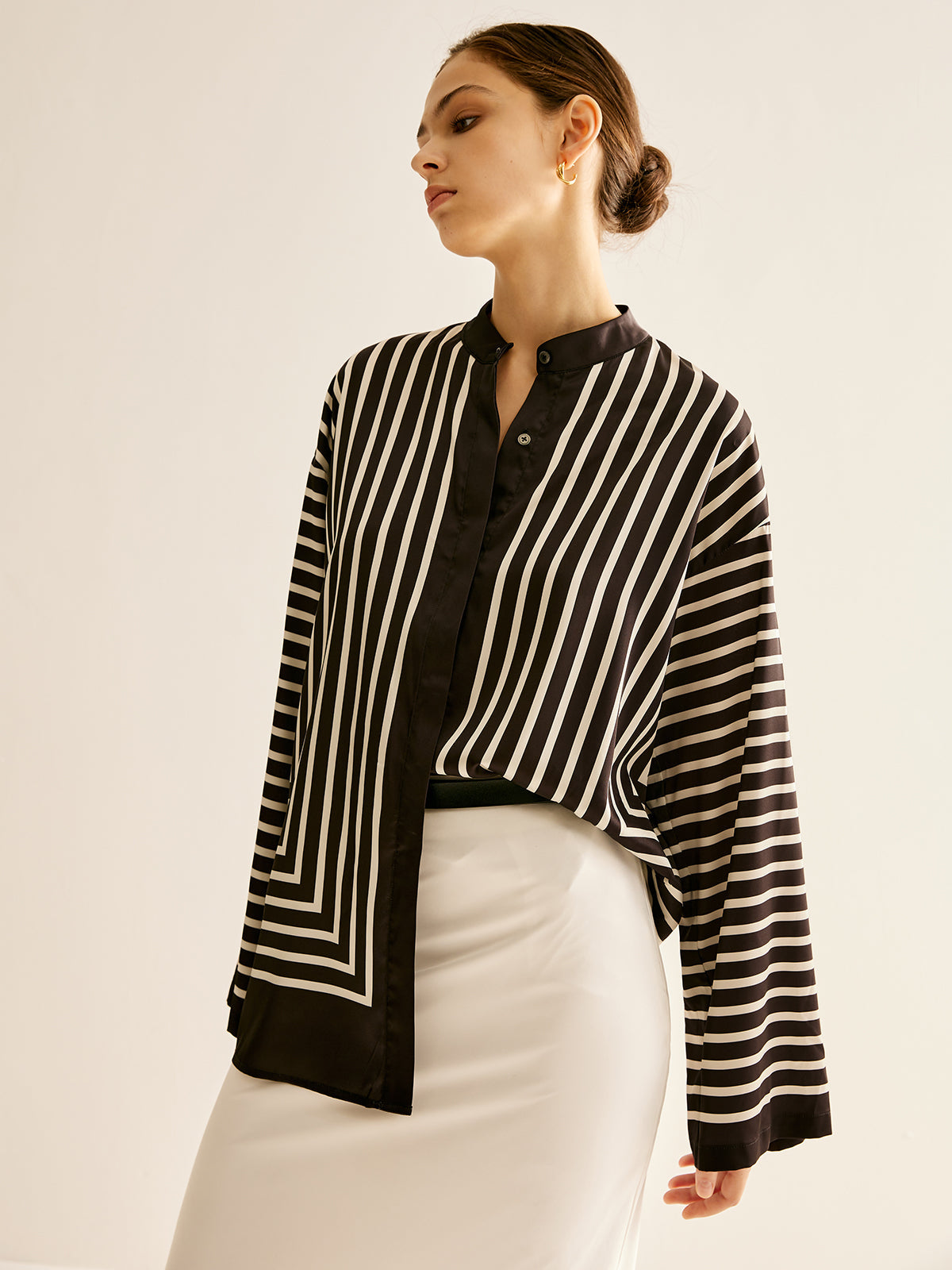 Satin Striped Button-Up Blouse