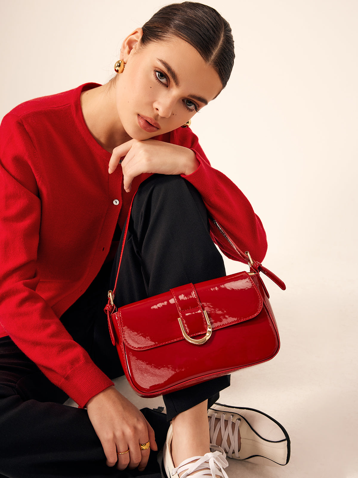 Aurelle Glossy Buckle Shoulder Bag