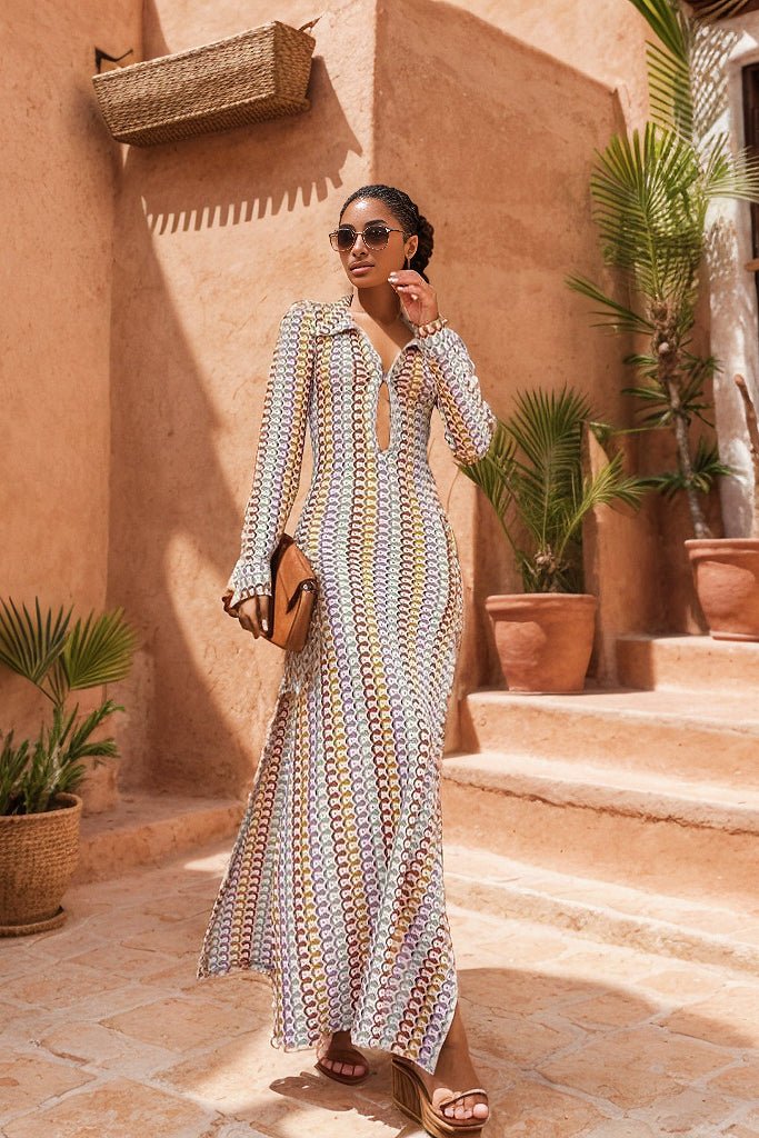 Vittoria Textured Maxi Dress - Patterned Collared Maxi Dress